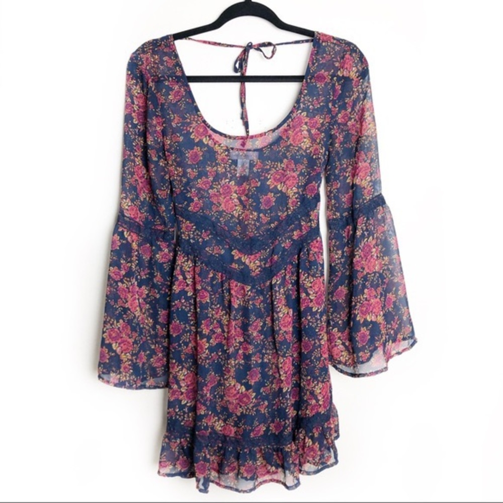 Anthropologie Band Of Gypsies Sheer Floral Print Lace Bell Sleeve Mini Dress